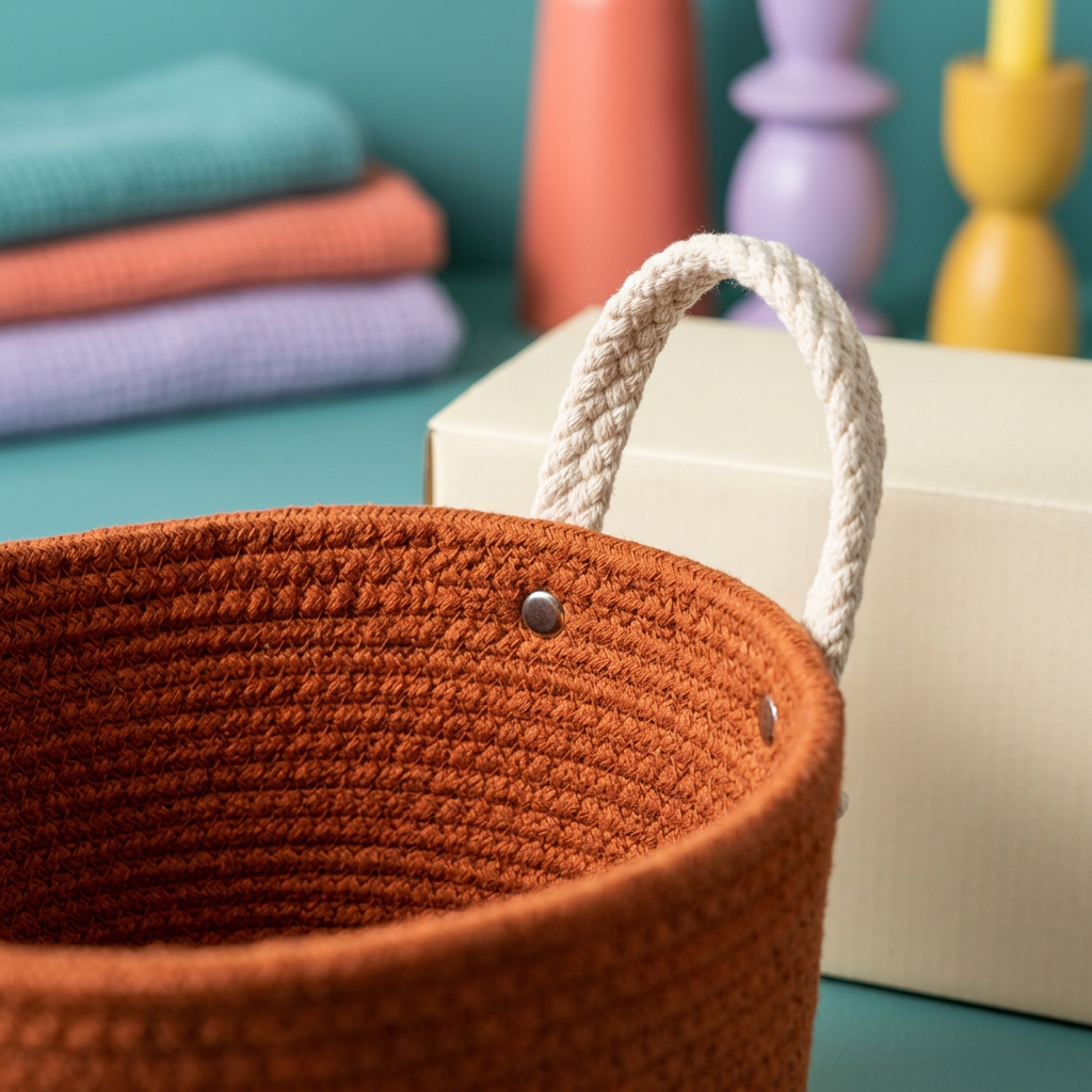 Terracotta Woven-Texture Tabletop Storage Basket with Contrasting Cream Handles for Everyday Home Organization
