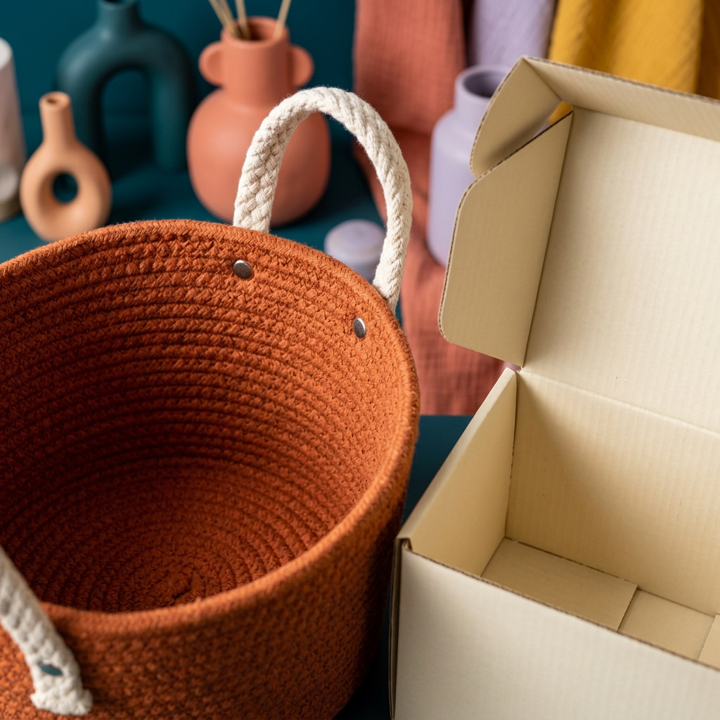Terracotta Woven-Texture Tabletop Storage Basket with Contrasting Cream Handles for Everyday Home Organization