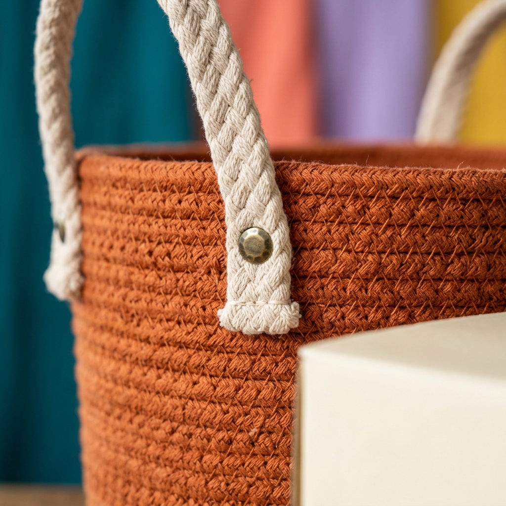 Terracotta Woven-Texture Tabletop Storage Basket with Contrasting Cream Handles for Everyday Home Organization
