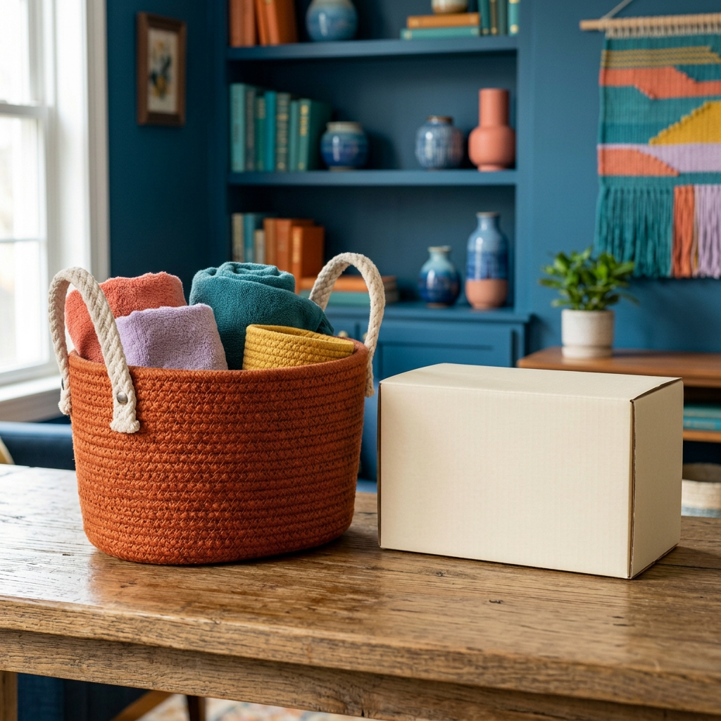 Terracotta Woven-Texture Tabletop Storage Basket with Contrasting Cream Handles for Everyday Home Organization
