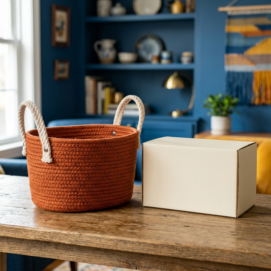 Terracotta Woven-Texture Tabletop Storage Basket with Contrasting Cream Handles for Everyday Home Organization