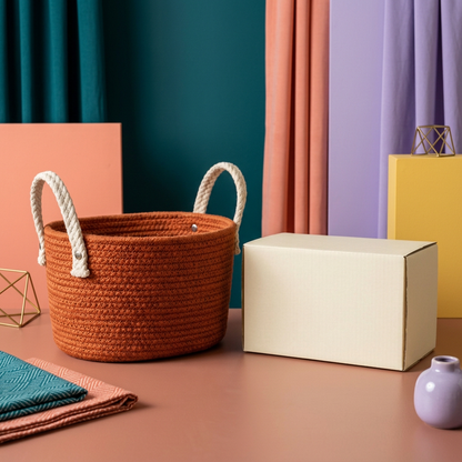 Terracotta Woven-Texture Tabletop Storage Basket with Contrasting Cream Handles for Everyday Home Organization