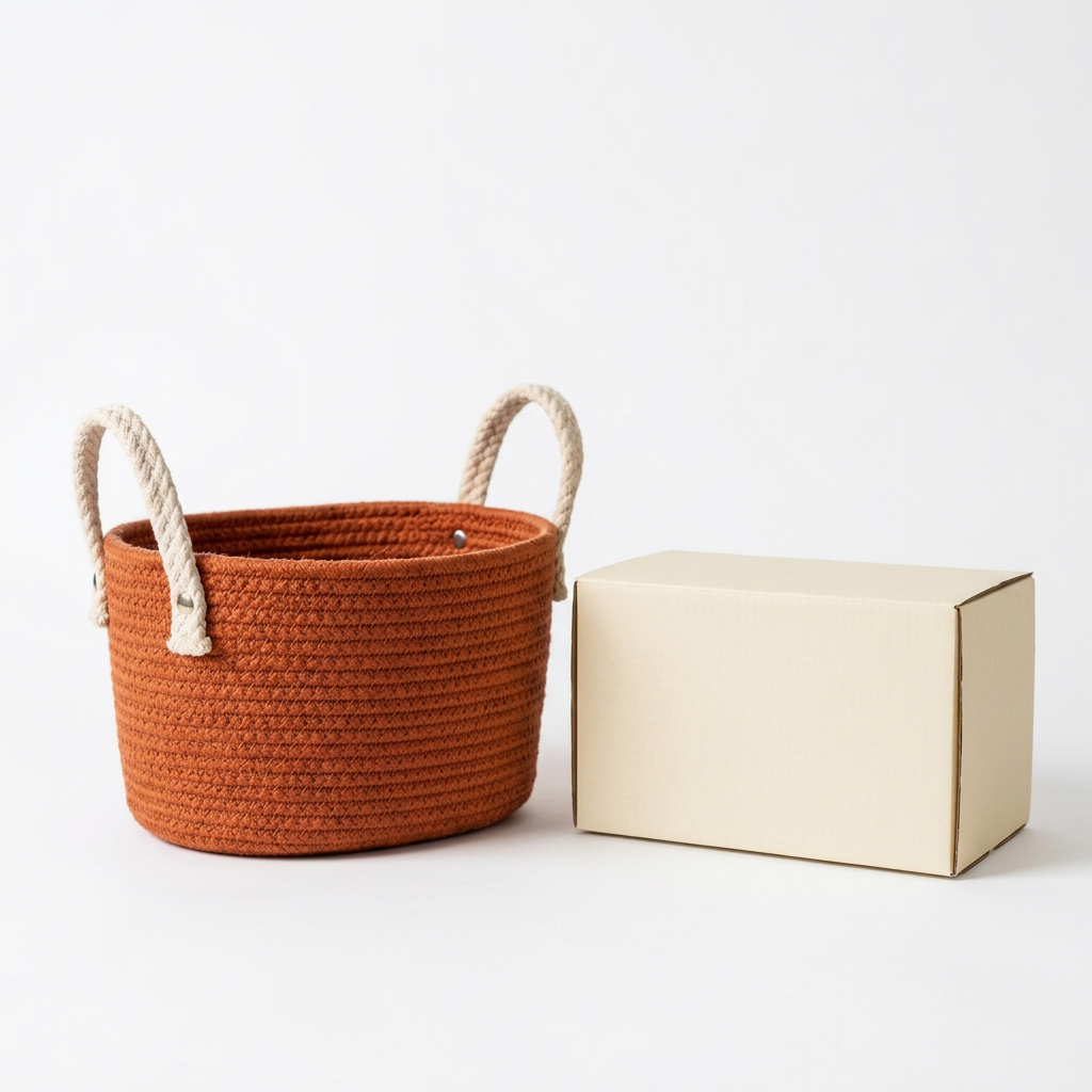 Terracotta Woven-Texture Tabletop Storage Basket with Contrasting Cream Handles for Everyday Home Organization