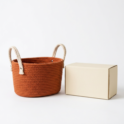 Terracotta Woven-Texture Tabletop Storage Basket with Contrasting Cream Handles for Everyday Home Organization