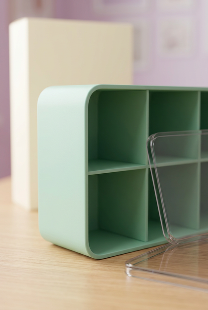 Mint Green Six-Compartment Cable Storage Box with Clear Lid for Small Tech Accessories and Desktop Organization