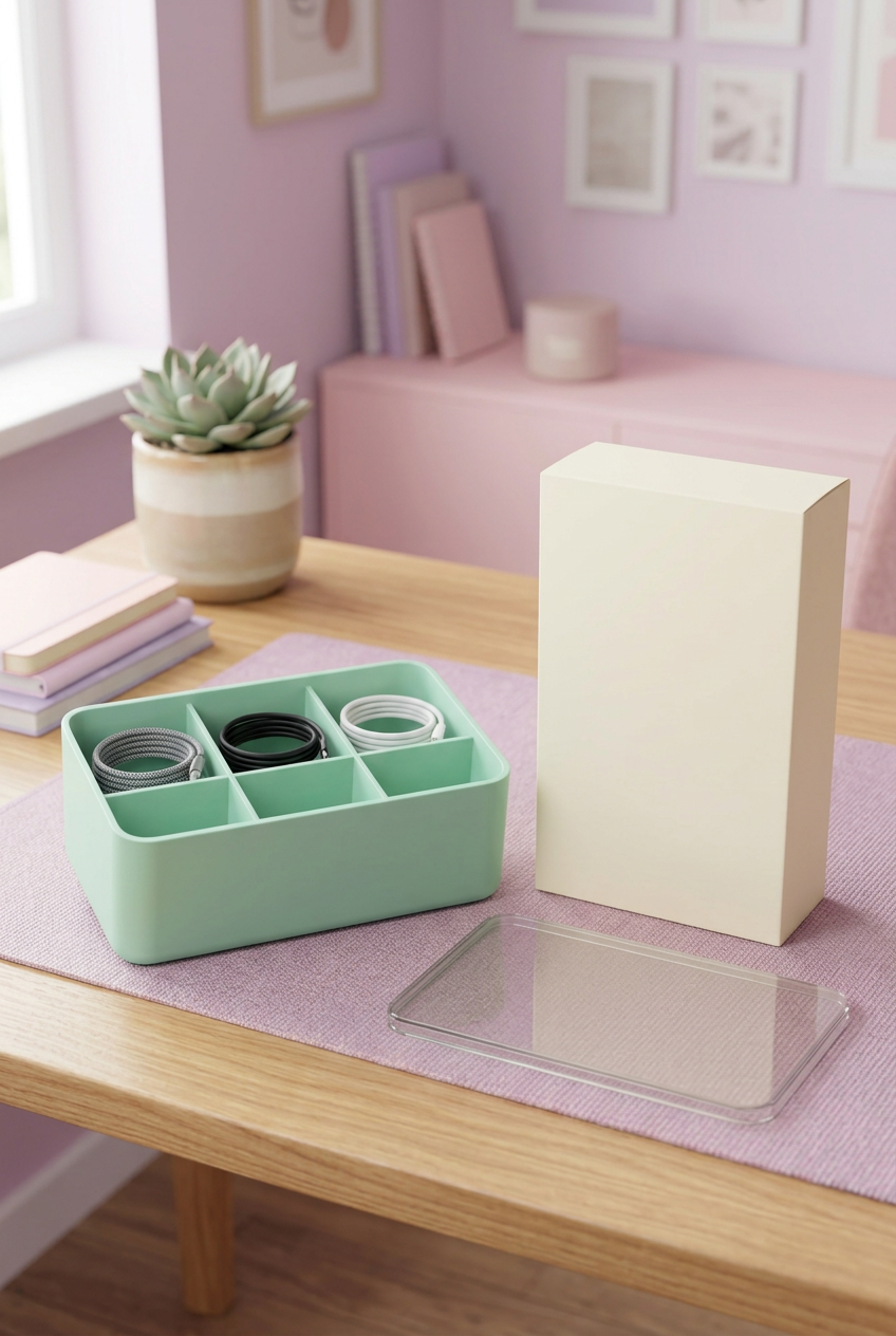 Mint Green Six-Compartment Cable Storage Box with Clear Lid for Small Tech Accessories and Desktop Organization