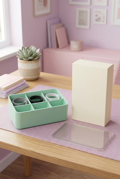 Mint Green Six-Compartment Cable Storage Box with Clear Lid for Small Tech Accessories and Desktop Organization