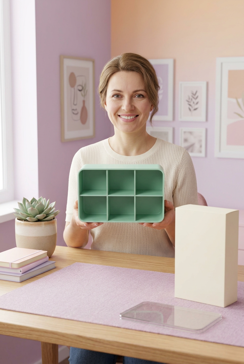 Mint Green Six-Compartment Cable Storage Box with Clear Lid for Small Tech Accessories and Desktop Organization