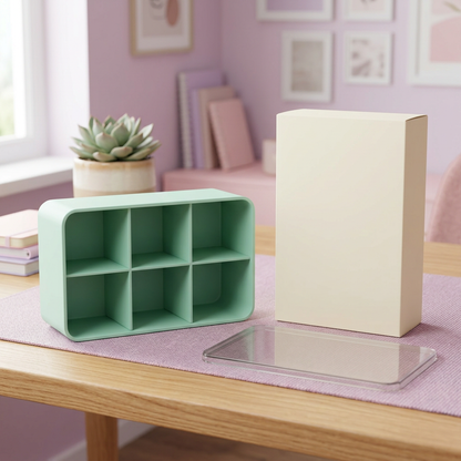 Mint Green Six-Compartment Cable Storage Box with Clear Lid for Small Tech Accessories and Desktop Organization