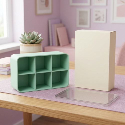 Mint Green Six-Compartment Cable Storage Box with Clear Lid for Small Tech Accessories and Desktop Organization