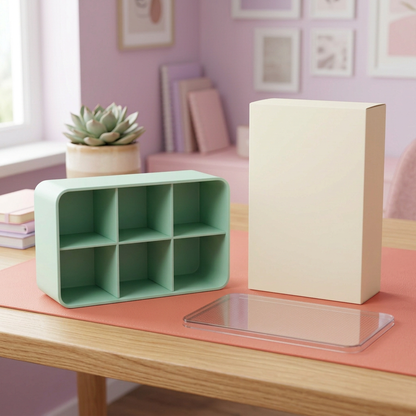Mint Green Six-Compartment Cable Storage Box with Clear Lid for Small Tech Accessories and Desktop Organization