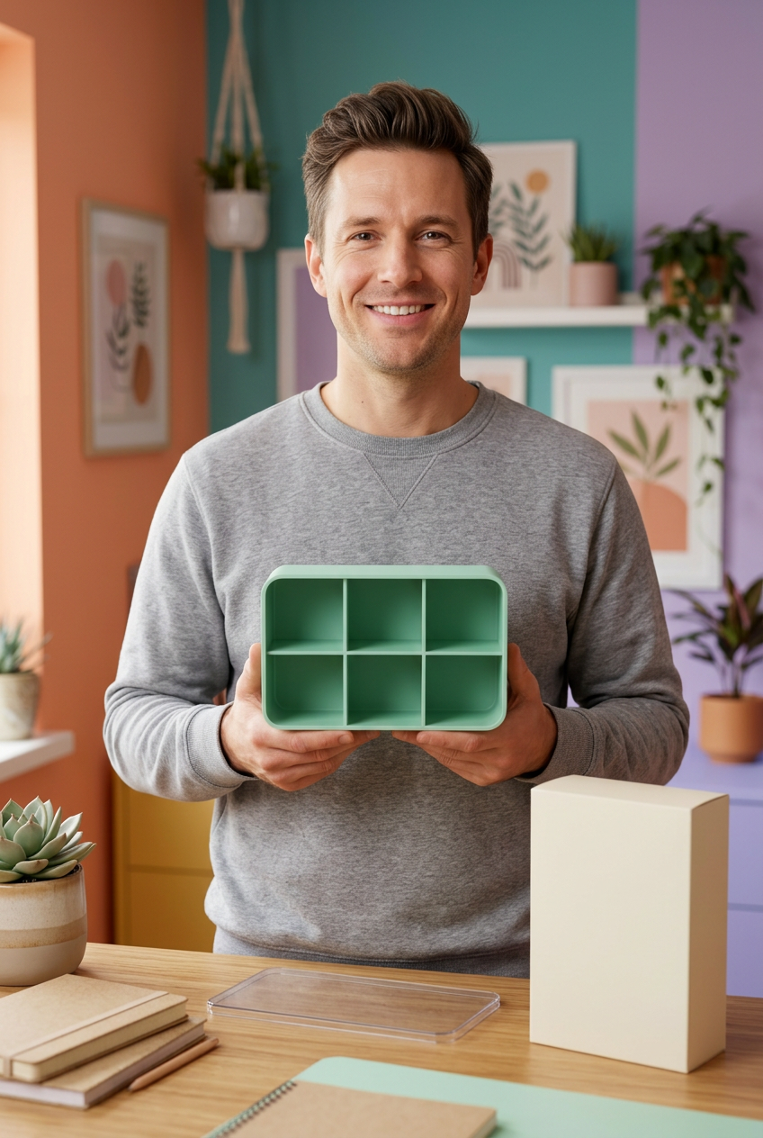 Mint Green Six-Compartment Cable Storage Box with Clear Lid for Small Tech Accessories and Desktop Organization