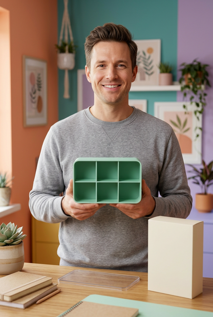 Mint Green Six-Compartment Cable Storage Box with Clear Lid for Small Tech Accessories and Desktop Organization