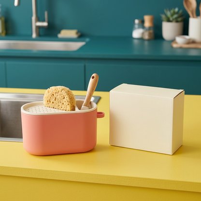 Coral & Cream Countertop Sink Caddy with Divided Storage and a Rounded Everyday Kitchen Design