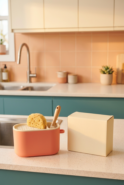 Coral & Cream Countertop Sink Caddy with Divided Storage and a Rounded Everyday Kitchen Design