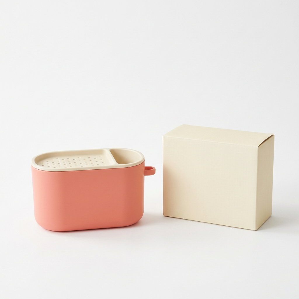 Coral & Cream Countertop Sink Caddy with Divided Storage and a Rounded Everyday Kitchen Design
