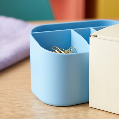 Sky Blue Divided Desktop Organizer for Pens, Notes and Small Essentials with Rounded Open Storage