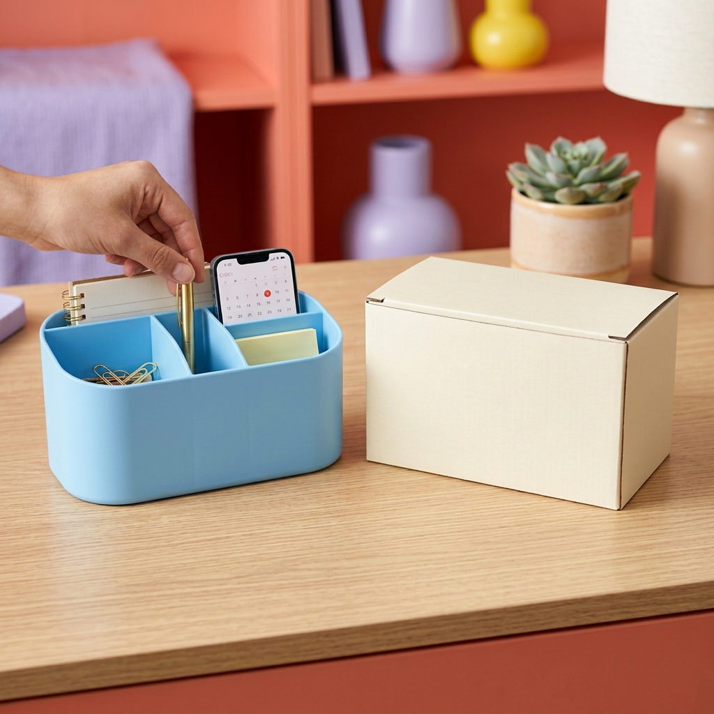 Sky Blue Divided Desktop Organizer for Pens, Notes and Small Essentials with Rounded Open Storage