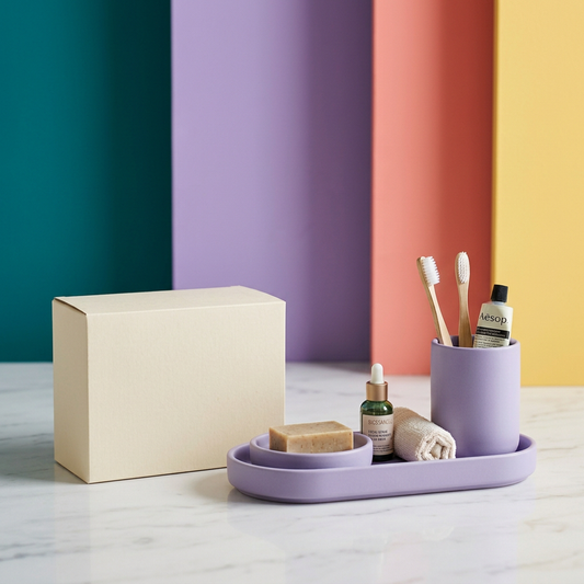 Lavender Bathroom Countertop Organizer with Coordinated Cup and Tray for a Calmer Vanity Routine