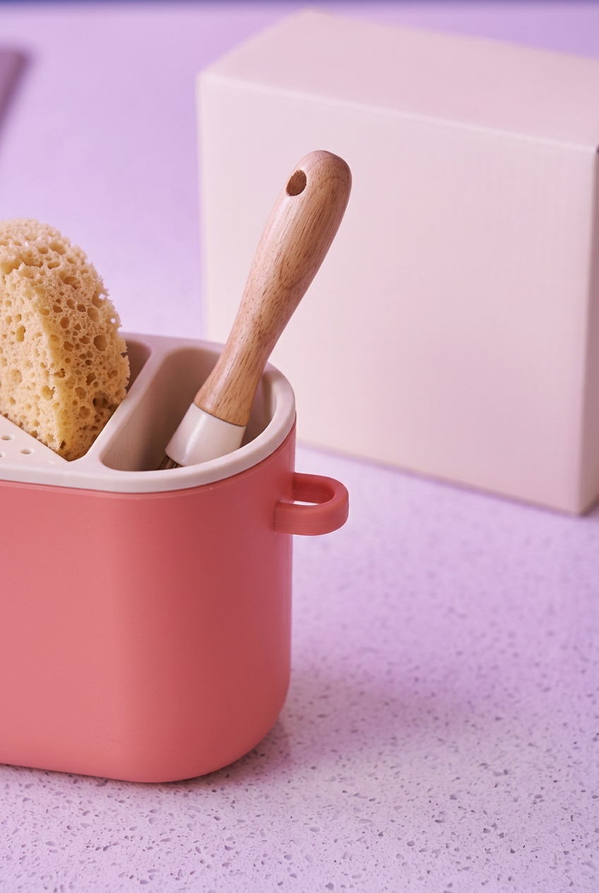 Coral & Cream Countertop Sink Caddy with Divided Storage and a Rounded Everyday Kitchen Design