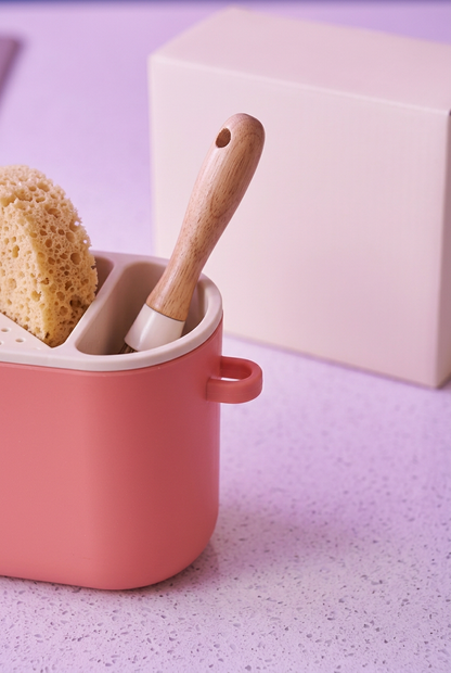 Coral & Cream Countertop Sink Caddy with Divided Storage and a Rounded Everyday Kitchen Design