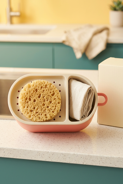 Coral & Cream Countertop Sink Caddy with Divided Storage and a Rounded Everyday Kitchen Design