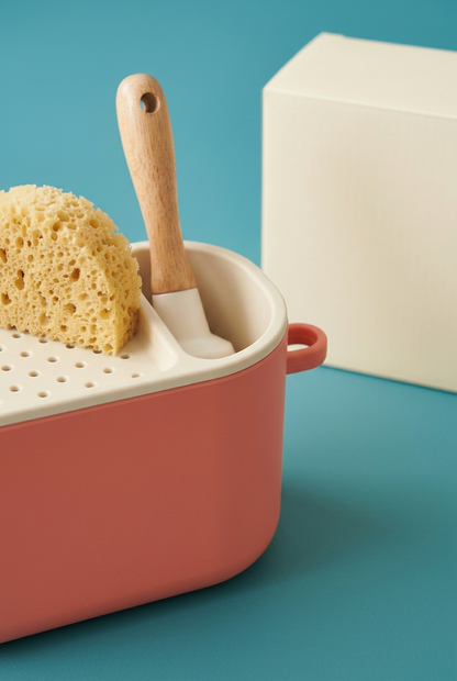 Coral & Cream Countertop Sink Caddy with Divided Storage and a Rounded Everyday Kitchen Design