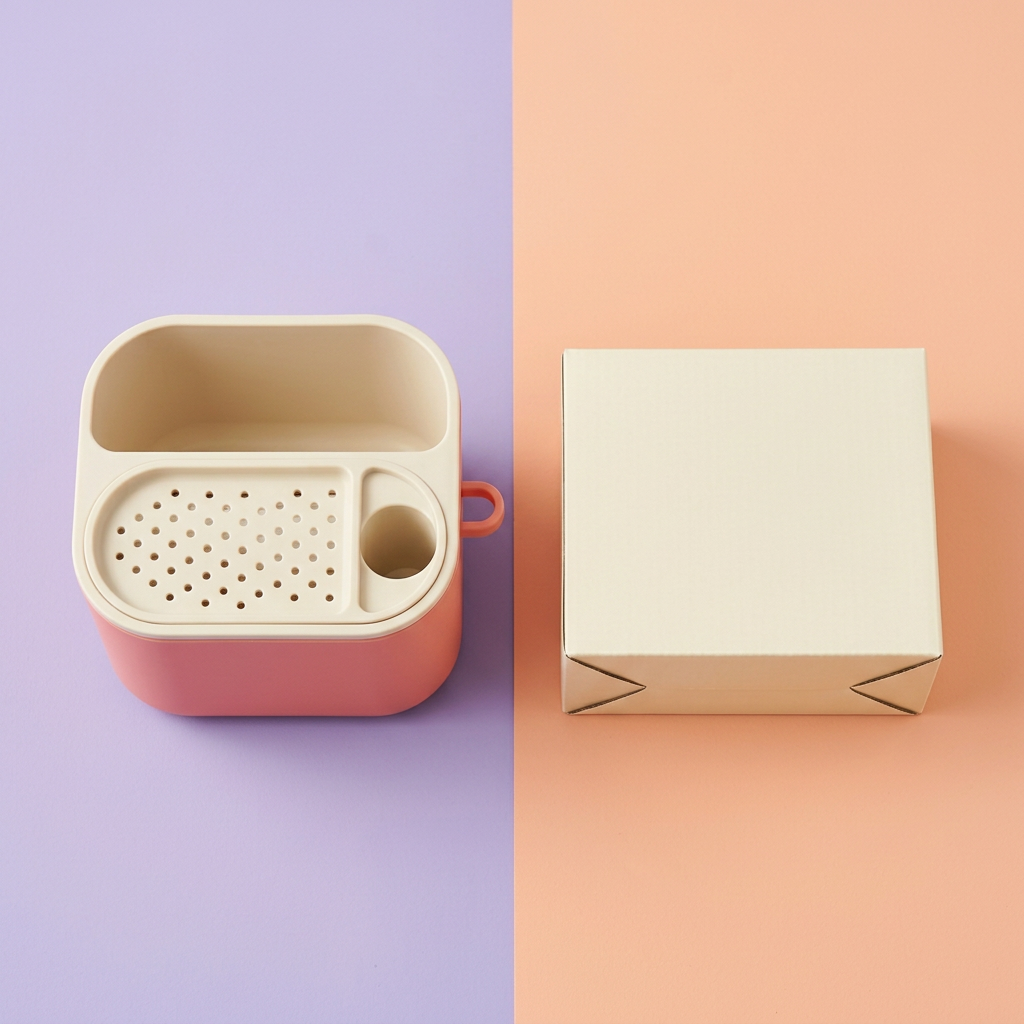 Coral & Cream Countertop Sink Caddy with Divided Storage and a Rounded Everyday Kitchen Design