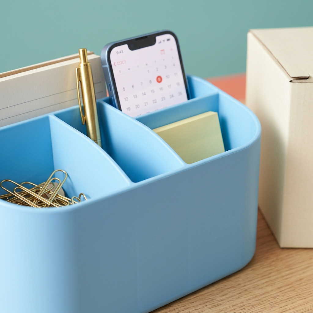 Sky Blue Divided Desktop Organizer for Pens, Notes and Small Essentials with Rounded Open Storage