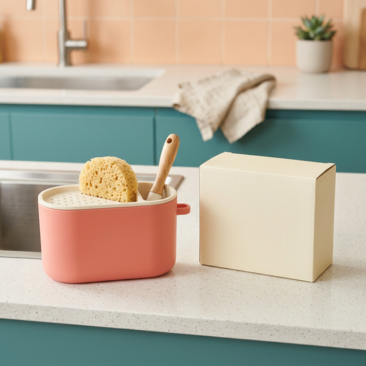 Coral & Cream Countertop Sink Caddy with Divided Storage and a Rounded Everyday Kitchen Design