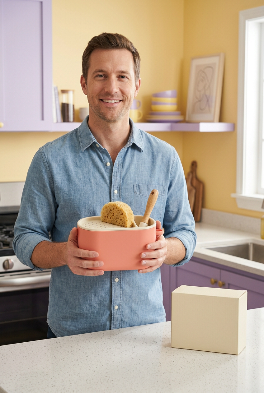 Coral & Cream Countertop Sink Caddy with Divided Storage and a Rounded Everyday Kitchen Design