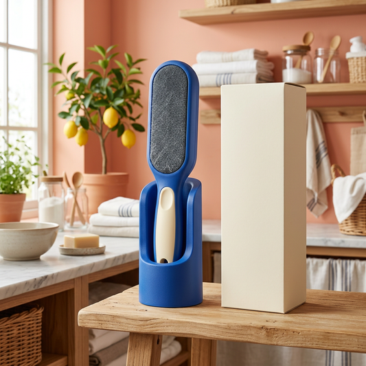 Cobalt Blue Manual Lint Brush with Matching Upright Storage Base and Contrasting Cream Handle Detail
