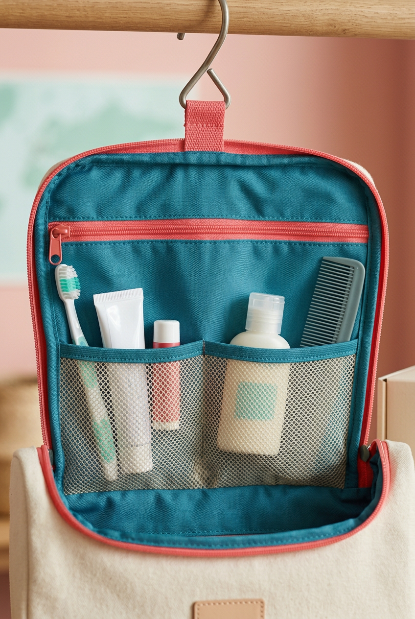 Cream Hanging Travel Toiletry Bag with Coral Trim, Teal Interior and Mesh Pocket Organization
