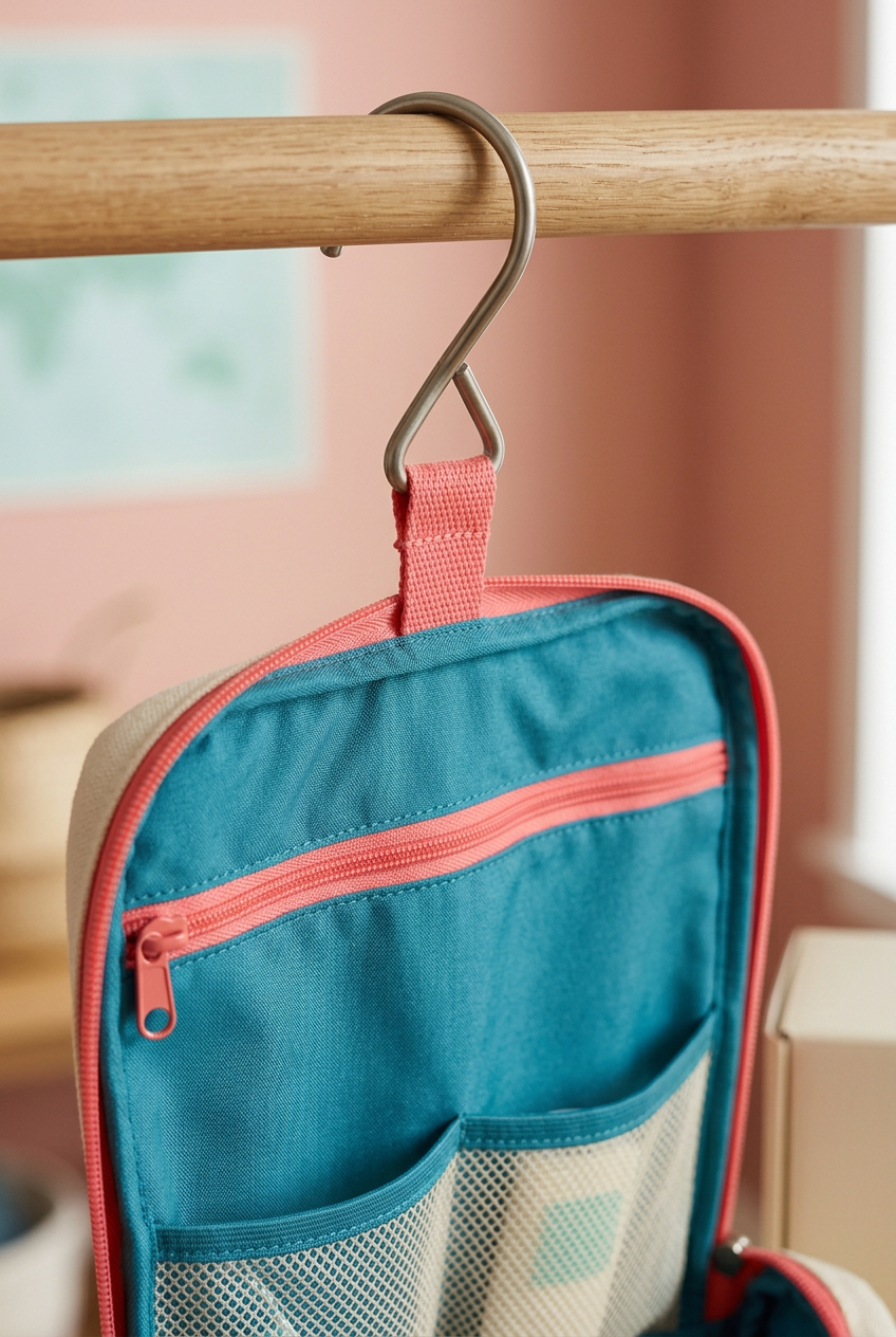 Cream Hanging Travel Toiletry Bag with Coral Trim, Teal Interior and Mesh Pocket Organization