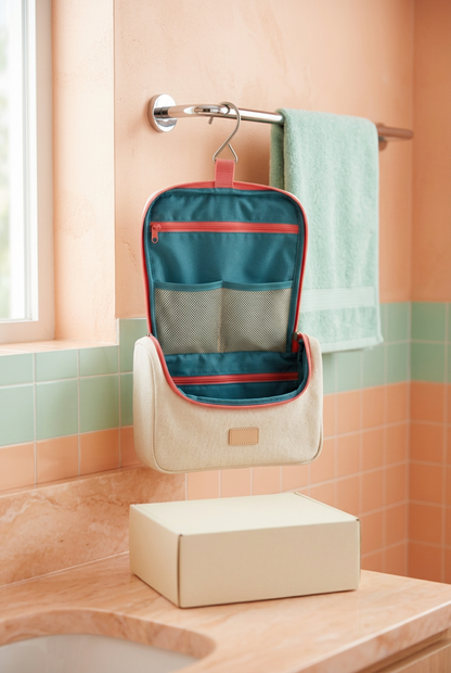 Cream Hanging Travel Toiletry Bag with Coral Trim, Teal Interior and Mesh Pocket Organization