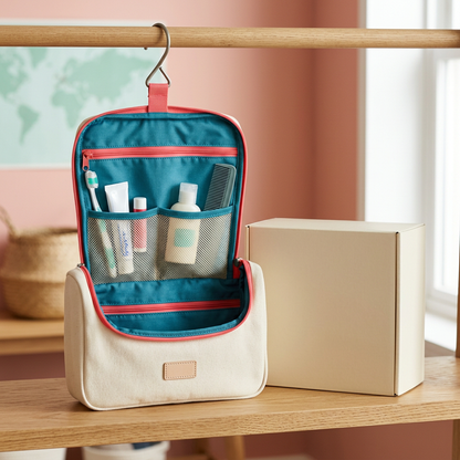 Cream Hanging Travel Toiletry Bag with Coral Trim, Teal Interior and Mesh Pocket Organization