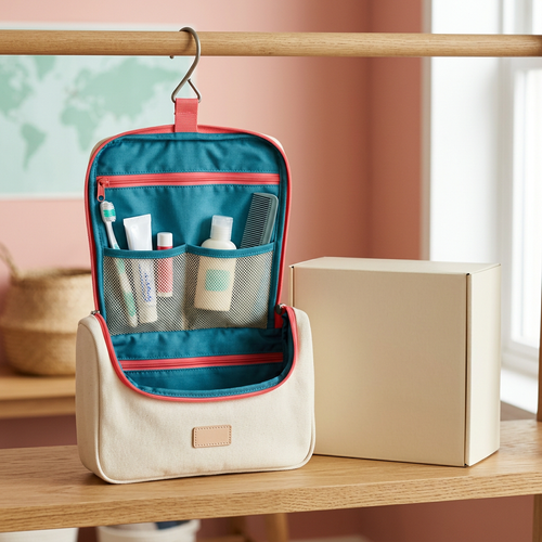 Cream Hanging Travel Toiletry Bag with Coral Trim, Teal Interior and Mesh Pocket Organization