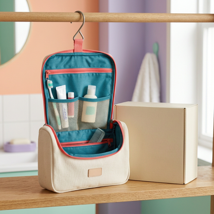 Cream Hanging Travel Toiletry Bag with Coral Trim, Teal Interior and Mesh Pocket Organization
