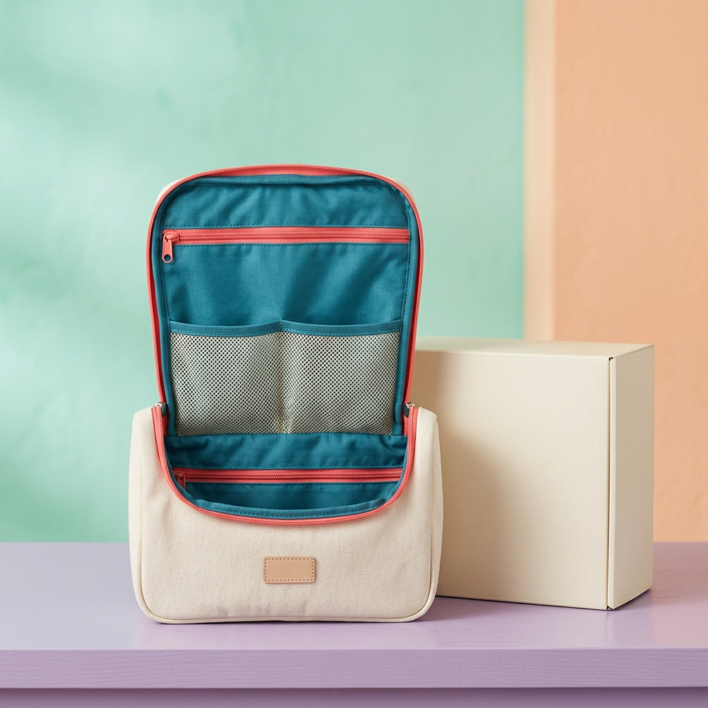 Cream Hanging Travel Toiletry Bag with Coral Trim, Teal Interior and Mesh Pocket Organization