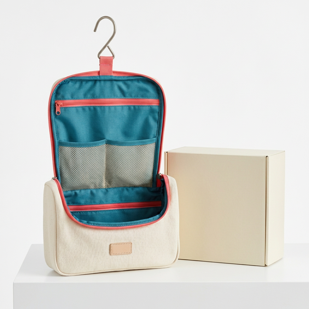 Cream Hanging Travel Toiletry Bag with Coral Trim, Teal Interior and Mesh Pocket Organization