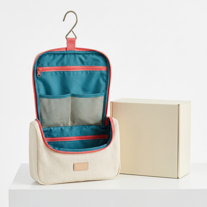 Cream Hanging Travel Toiletry Bag with Coral Trim, Teal Interior and Mesh Pocket Organization