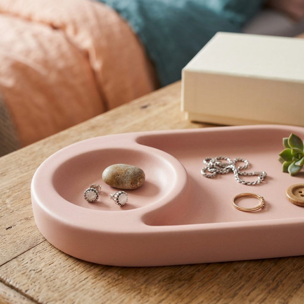 Blush Pink Bedside Valet Tray with Rounded Compartments for Jewelry and Small Everyday Essentials