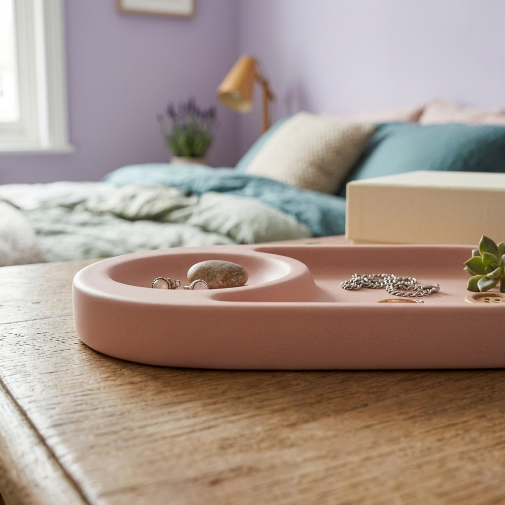 Blush Pink Bedside Valet Tray with Rounded Compartments for Jewelry and Small Everyday Essentials