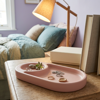 Blush Pink Bedside Valet Tray with Rounded Compartments for Jewelry and Small Everyday Essentials