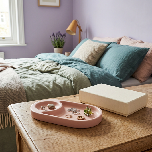 Blush Pink Bedside Valet Tray with Rounded Compartments for Jewelry and Small Everyday Essentials