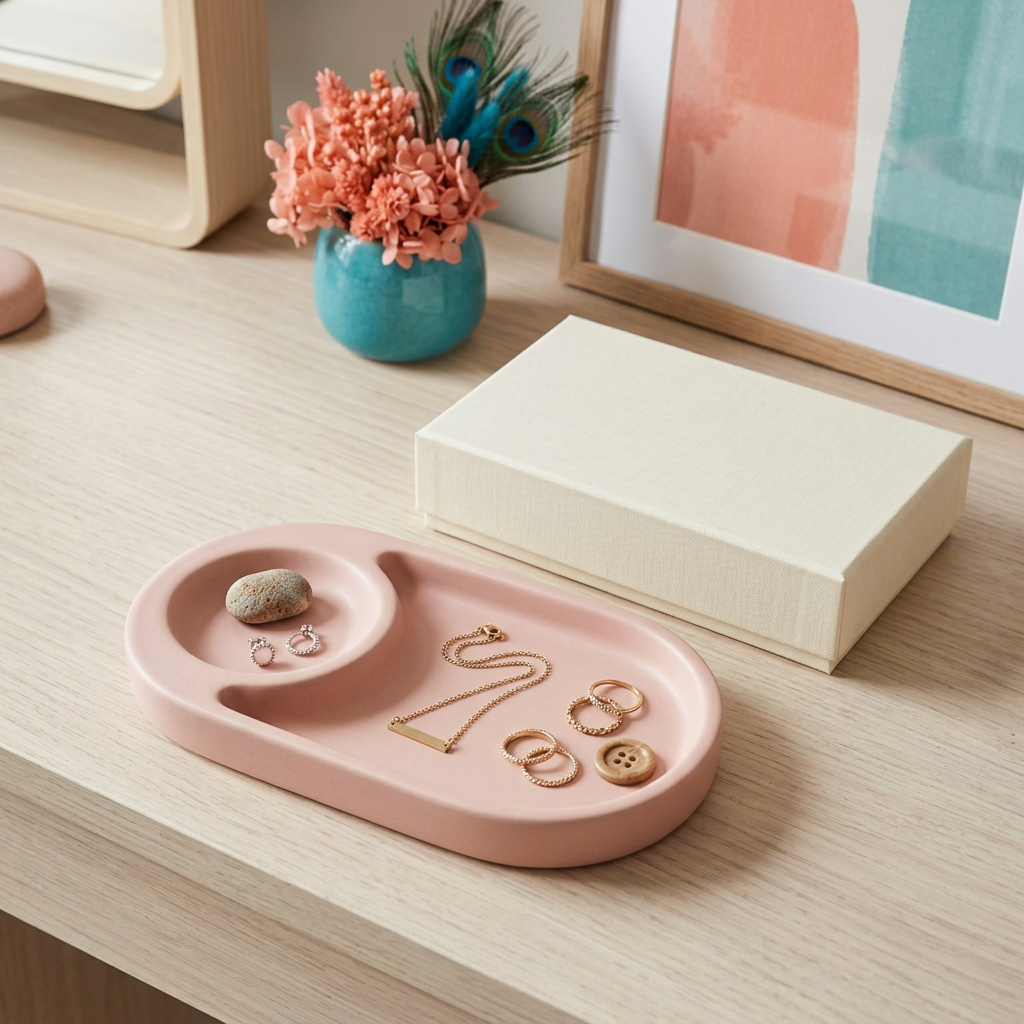 Blush Pink Bedside Valet Tray with Rounded Compartments for Jewelry and Small Everyday Essentials