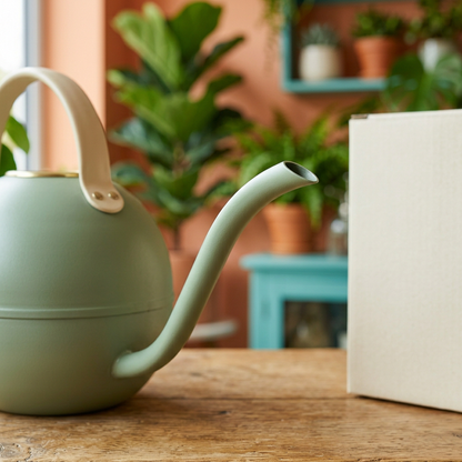 Sage Green Indoor Watering Can with a Long Narrow Spout and Contrasting Cream Arched Handle