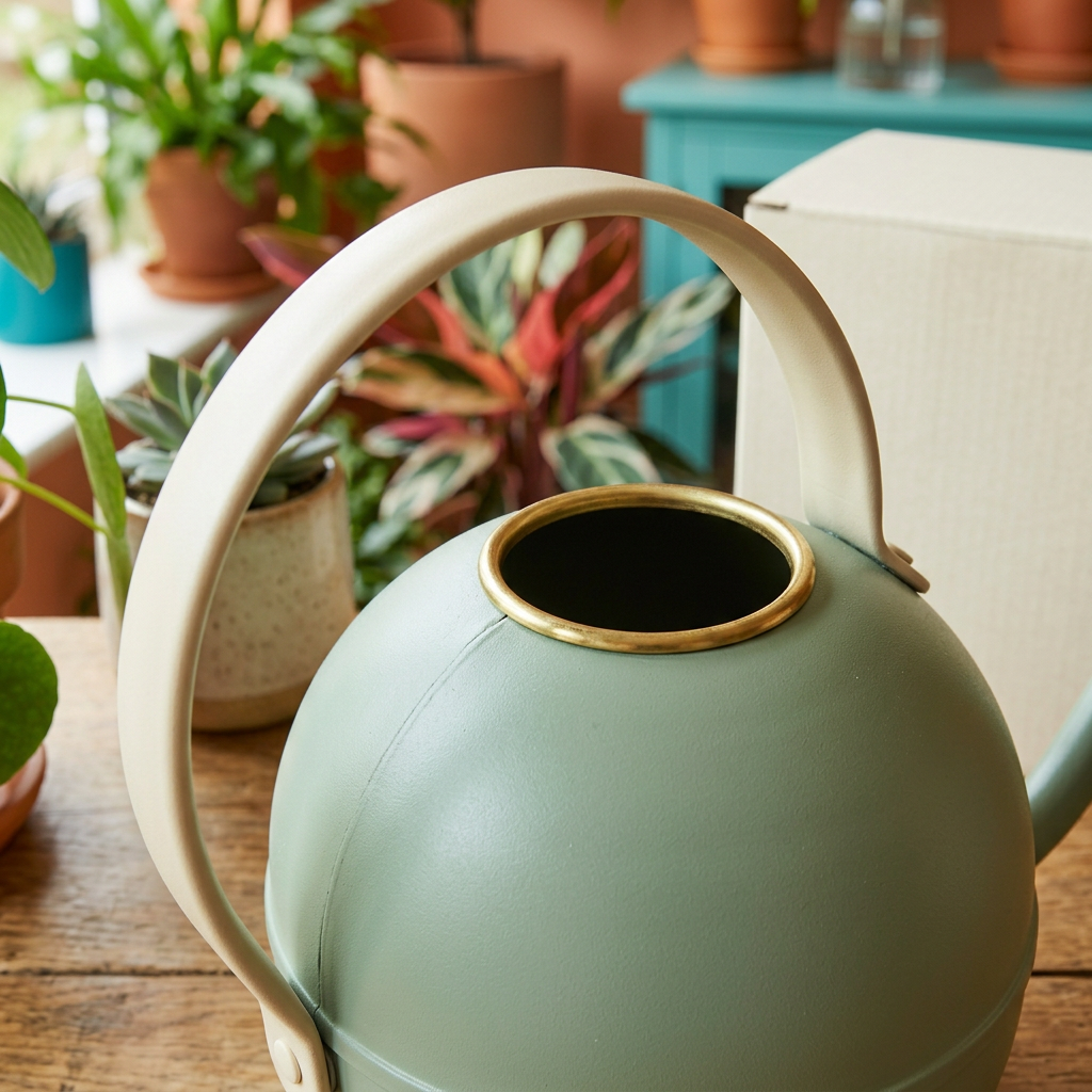 Sage Green Indoor Watering Can with a Long Narrow Spout and Contrasting Cream Arched Handle