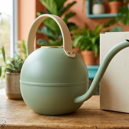 Sage Green Indoor Watering Can with a Long Narrow Spout and Contrasting Cream Arched Handle