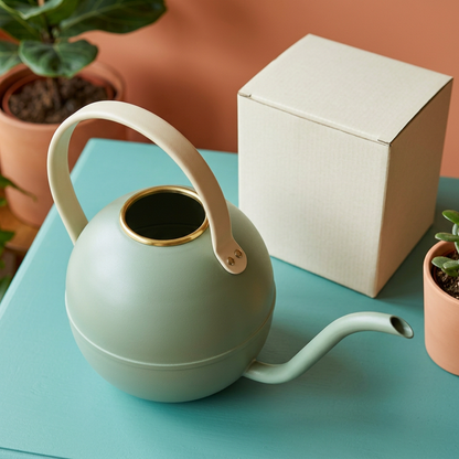 Sage Green Indoor Watering Can with a Long Narrow Spout and Contrasting Cream Arched Handle